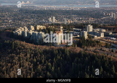 Vue aérienne d'un quartier résidentiel sur le dessus de la montagne Burnaby pendant une journée ensoleillée. Prises à Vancouver, Colombie-Britannique, Canada. Banque D'Images