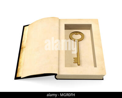 Ancien livre papier ouvert avec retro clé dorée cachée à l'intérieur, de concept de secret Banque D'Images