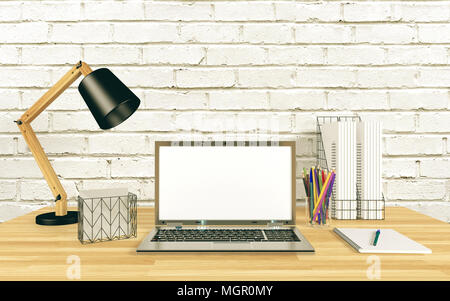 Affichage de l'ordinateur portable pour des maquettes sur la table de travail, rendu 3D Banque D'Images