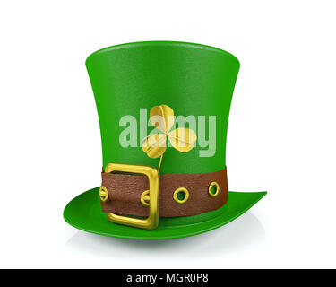 Le jour de la Saint Patrick Chapeau Leprechaun avec Clover isolé, rendu 3D Banque D'Images