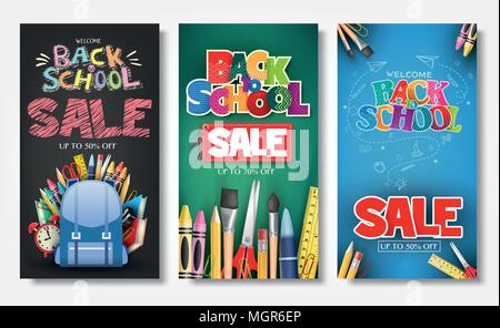 Poster vertical promotionnel et Banner Set avec Styles créatifs de nouveau à l'école Vente Titres Texte dans différents fonds de couleur pour le marketing Illustration de Vecteur