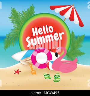 Bonjour Saison d'arrière-plan et d'objets design avec anneau gonflable Flamingo flotter. Vector illustration Illustration de Vecteur