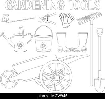 Noir et blanc jeu d'outils de jardin 9 éléments. La page de coloriage pour adultes et enfants. Outil de jardinage vector illustration de la carte cadeau certificat stick Illustration de Vecteur