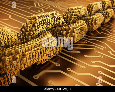 Concept d'Blockchain. La chaîne numérique d'or de l'or 3D sur les numéros de circuit imprimé. 3D Illustration. Banque D'Images