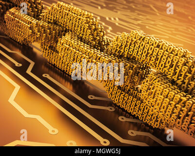 Concept d'Blockchain. La chaîne numérique 3D de l'or sur les numéros de circuit imprimé. 3D Illustration. Banque D'Images