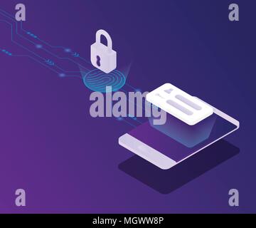 La cyber-sécurité protéger smartphone verrouillé d'empreintes digitales avec fond vecteur isométrique Illustration de Vecteur