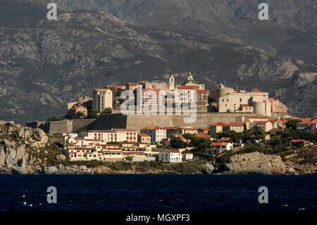 Toits de Cavi, une ville médiévale avec sa citadelle en Corse, une île française au large de la côte sud de la France dans la Méditerranée. La Corse est un birt Banque D'Images