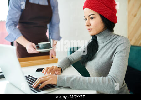 Jeune femme moderne Using laptop in Cafe Banque D'Images