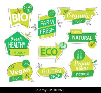 Vector set de bio, éco, bio et naturels autocollants et logos. Vegan et des aliments sains, badges tags défini pour votre design - café, restaurants, de l'emballage Illustration de Vecteur