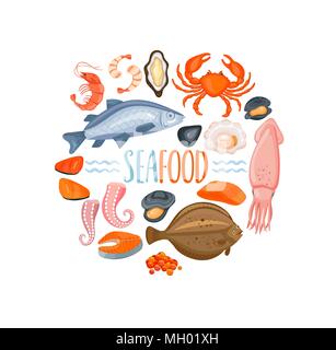 Ensemble d'icônes de style seafod cartoon, illustration vectorielle. Les crustacés, d'huîtres et le crabe, le saumon, les crevettes et les poulpes, crevettes, moules, flet, poissons de mer, Illustration de Vecteur