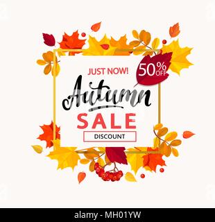 Bannière lumineuse pour vente d'automne dans le cadre de feuilles. Vector illustration. Illustration de Vecteur