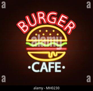 L'enseigne au néon de l'enseigne lumineuse café, burger, lumière bannière. Logo Burger cafe, emblème et symbole. Vector illustration. Illustration de Vecteur