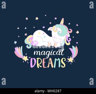 Rêves de licorne magique avec lettrage. Vector illustration pour vous la conception, l'impression. Illustration de Vecteur
