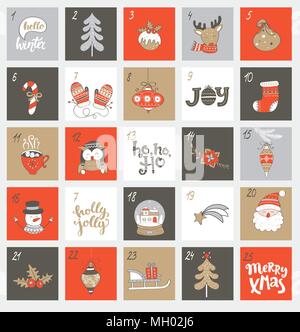 Calendrier de l'Avent Noël avec différents symboles de Noël pour votre conception. Vector illustration. Illustration de Vecteur