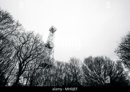 Petit tour phare dans une forêt avec des silhouettes en noir et blanc Banque D'Images