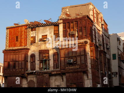 Maisons en bois avec mashrabia rowshan et dans le vieux quartier, le Hedjaz, région Tihamah Jeddah, Arabie Saoudite Banque D'Images