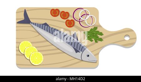 Poisson sur une planche à découper, les tranches de citron, l'oignon, la tomate, le persil herb. La cuisson du maquereau. Vector illustration télévision Illustration de Vecteur