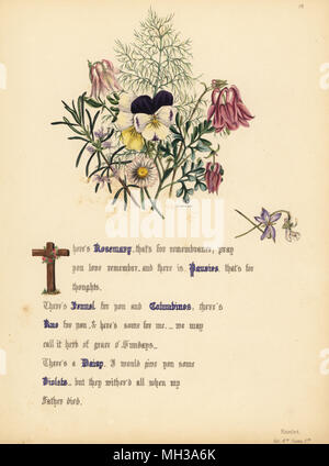 Le romarin, Pensées, fenouil, Ancolies, Rue, Daisy et les violettes (Hamlet). Handcoioured illustration botanique dessiné et lithographié par Jane Elizabeth Giraud à partir des fleurs de Shakespeare, jour et Haghe, Londres, 1845. Banque D'Images