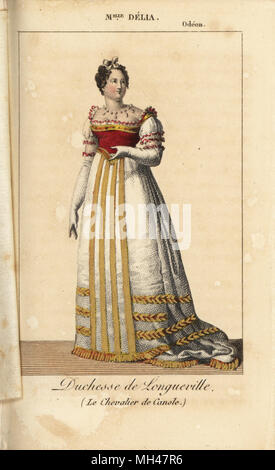 La chanteuse d'opéra française Mlle. Delia comme Duchesse de Longueville dans le Chevalier de Canole à l'Odéon. Coloriée à la gravure sur cuivre de Charles Malo's Almanach des spectacles par K. Y. Z, Chez Louis Janet, Paris, 1820. Banque D'Images