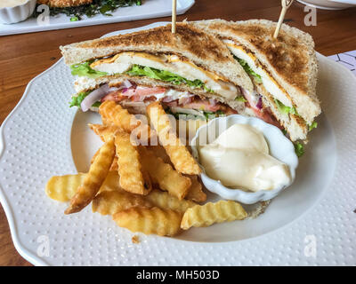 Sandwich au poulet et frites avec sauce mayonnaise sur plaque blanche au restaurant. Banque D'Images