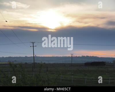 Isle of Sheppey, Kent, UK. 1er mai 2018. Météo France : après les fortes pluies d'hier, c'était bien de voir le lever du soleil sur l'île sur ce qui semble être une journée ensoleillée. Voir à travers champs nr. Elmley. Credit : James Bell/Alamy Live News Banque D'Images