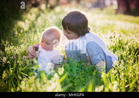 Enfant d'âge préscolaire, accolades et embrassades sa douce enfant bébé garçon avec son petit bunny, assis dans un parc, le printemps sur le coucher du soleil, smiling Banque D'Images