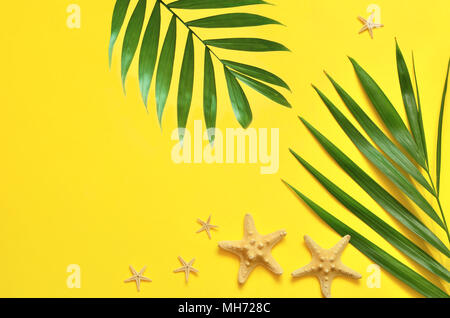 Contexte Tropical. Branches de palmiers avec des étoiles de mer sur fond jaune. Les voyages. Copier l'espace. Banque D'Images
