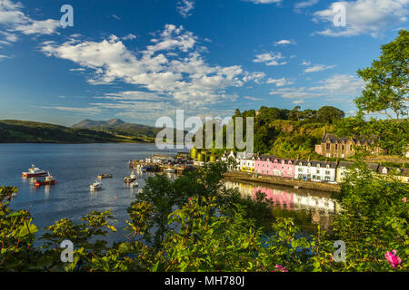 Portree skyline aux maisons colorées au port avec des bateaux dans la baie, le ciel bleu et les arbres en premier plan Banque D'Images