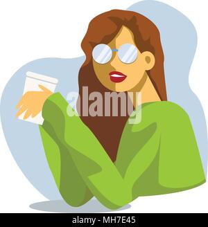 Vector cartoon illustration créative. Matin jeune femme boit du café au bureau. Girl à lunettes. Illustration de Vecteur