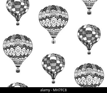 Modèle de vecteur seamless hot air balloon en style zentangle. Coloriages livre anti stress. La main noire hot air balloon sur fond blanc Illustration de Vecteur