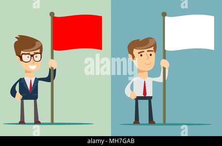 Jeune homme tenant un drapeau rouge isolé sur fond Illustration de Vecteur