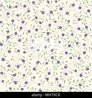 Hand drawn vector seamless floral pattern avec les branches, les feuilles et les myrtilles sur le fond beige. Jolie décoration simple avec des plantes et purpl Illustration de Vecteur