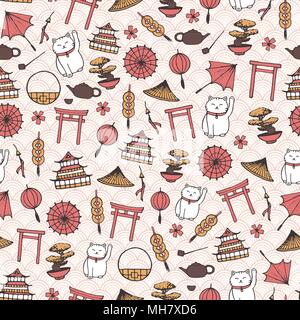 Hand drawn vector seamless pattern avec parasols asiatiques, japonais lucky cats, monnaies, lanternes, bonsai et torii gates sur le fond oriental avec Illustration de Vecteur