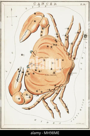 Le cancer. Numéro de carte à partir de 19 Hotel Kashyap, miroir ou d'une vue sur le ciel, l'un d'un jeu de 32 cartes carte des étoiles astronomique gravée par Sidney Hall et publshed 1824. Banque D'Images