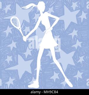 Vector illustration d'un joueur de tennis girl. Silhouette blanche sur fond bleu ciel avec des étoiles. Tennis Club tournoi concours bannière. Illustration de Vecteur