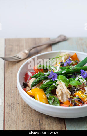 Panzanella italienne et pain rôti avec salade de tomates poivrons, asperges, parmesan et mini legumes Banque D'Images