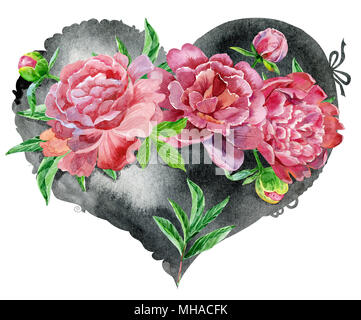 Coeur noir Aquarelle avec pivoines rouge, peint à la main Banque D'Images