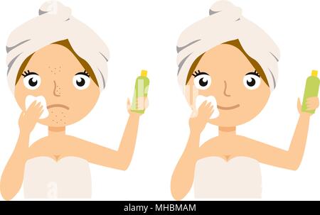 Young woman applying moisturizer cream sur son visage. vecror, smiling woman recevant des soins spa. Le toilettage lui-même Illustration de Vecteur