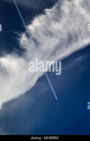 Avion avec les traînées de condensation et de Cirrus (nuages de plumes) en face d'un ciel bleu, Rhénanie du Nord-Westphalie, Allemagne Banque D'Images