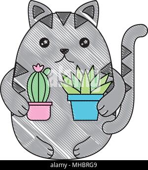 Kawaii chat avec des plantes en pots cactus cartoon vector illustration Illustration de Vecteur