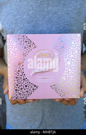 Close up of Limited Edition Lindor Lindt chocolats dans la boîte de couleur rose Banque D'Images