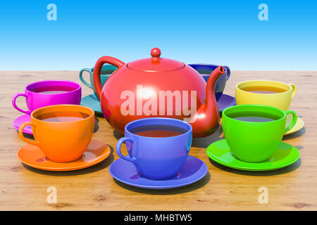 Tasses de Thé et une théière sur la table en bois contre le ciel bleu. Le rendu 3D Banque D'Images