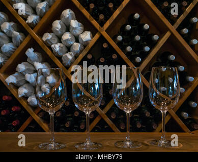 Verres à dégustation chez Laura Hartwig Winery, Santa Cruz, région viticole de la vallée de Colchagua, Chili, Amérique du Sud Banque D'Images