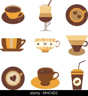 Le café, thé et chocolat chaud dans des tasses. Tasses colorées pour les boissons chaudes, boissons à emporter. Expresso, cappuccino, latte, dans les verres et tasses. Coffe Illustration de Vecteur