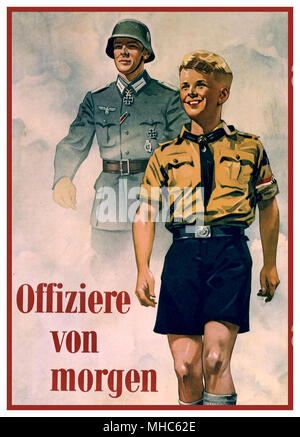 ‘OFFIZIERE VON MORGEN’ 1940 affiche de propagande de recrutement pour l’Allemagne nazie d’époque « officiers de demain » avec la médaille de fer Wehrmacht décoré de la croix de fer Et un garçon hitlérien avec brassard Swastika Banque D'Images