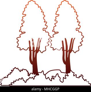 Arbre avec des arbustes et des roches sur les lignes rouges Illustration de Vecteur