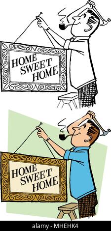 Un homme met fin à un Home Sweet Home photo sur le mur de sa maison. Illustration de Vecteur