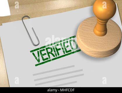 3D illustration de vérifiée stamp titre sur contrat ou document d'entreprise Banque D'Images