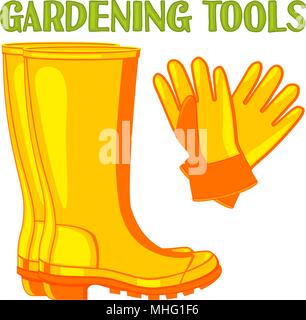 Caricature de couleurs vives des vêtements ensemble. Des bottes et des gants en caoutchouc jaune outil Jardin carte cadeau d'illustration vectorielle, autocollant de certificat d'un insigne, Illustration de Vecteur