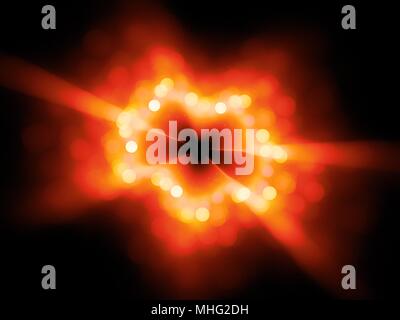 Fiery lumière rougeoyante des poutres apparentes avec bokeh rond dans l'espace, générée par ordinateur résumé fond, 3D Rendering Banque D'Images